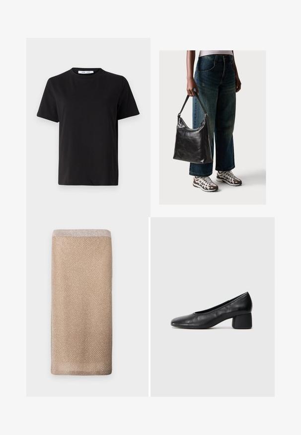 T-shirt noir à manches courtes en coton doux, avec un col rond, une coupe décontractée et une texture lisse. Pas de motifs ni de graphiques visibles.; Écharpe en maille beige avec un éclat subtil, finition texturée et un bord supérieur de couleur plus claire. Forme rectangulaire.; Escarpin en cuir noir avec un bout rond et un talon bloc moyen. Texture lisse avec un minimum de détails, présentant une ouverture élastique discrète.; Sac à bandoulière en cuir noir avec une texture lisse et une bandoulière réglable, associé à un jean ample décoloré et des baskets de sport.
