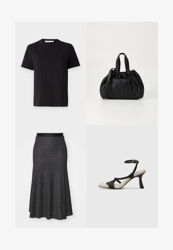 Svart kortermet t-skjorte laget av myk bomull, med rund hals, avslappet passform og en jevn tekstur. Ingen synlige mønstre eller grafikk.; Svart, glitrende skjørt med utsvingt fasong og en myk linning, laget av teksturert materiale, med en lengre bakhem og subtil glitrende effekt.; Sorte helårs sandaler med flettet stroppesdesign, firkantet tå og justerbar ankelrem. Lys beige fotseng med glanset svart hæl.; Svart lærveske med en samlet toppdesign, som har to korte håndtak og en lang justerbar stropp. Glatt tekstur, rund form.