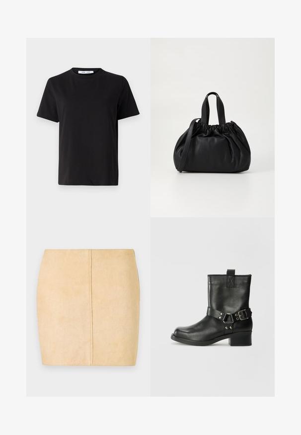 T-shirt nero a maniche corte realizzato in morbido cotone, con scollatura rotonda, vestibilità rilassata e una superficie liscia. Nessun motivo o grafica visibile.; Gonna mini in suede beige caratterizzata da una texture morbida, una forma aderente e un dettaglio di cucitura centrale. Nessun hardware o decorazioni visibili.; Samsøe Samsøe SABRENTA  - Stivaletti texani / biker - black; Borsa a tracolla in pelle nera con design a cima arricciata, dotata di due manici corti e di una lunga tracolla regolabile. Texture liscia, forma arrotondata.