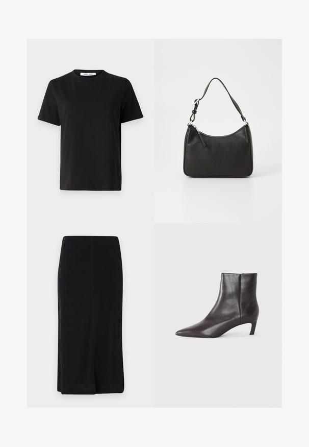 Fekete, rövid ujjú póló, puha pamutból készült, kerek nyakkivágással, laza szabással és sima textúrával. Nincs látható minta vagy grafikák.; Fekete, térd mögé érő szoknya sima anyagból, egyenes fazonban, egyszerű dizájnnal, oldalhasítékokkal a mozgás könnyebbsége érdekében.; Fekete bőr bokacsizma hegyes orral és alacsony, macskaként hivatkozott sarkával, sima felülettel, oldalsó cipzárral, semleges háttér előtt bemutatva.; Fekete bőrtáska ívelt formával, egyetlen pánttal, cipzáras záródással és diszkrét logóval az elején. Simább textúra, minimalista dizájn.