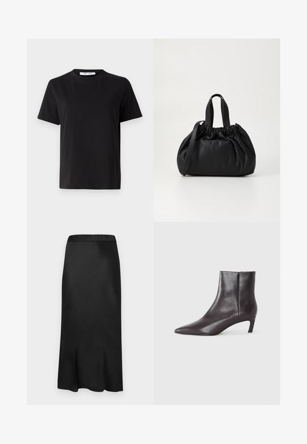 Camiseta negra de manga corta hecha de algodón suave, con un cuello redondo, corte relajado y una textura lisa. Sin patrones ni gráficos visibles.; Falda midi negra de satén con cinturilla elástica. Textura suave y diseño simple, que se estrecha ligeramente en el dobladillo para una silueta fluida.; Botín negro de cuero hasta el tobillo con punta afilada y tacón bajo de tipo kitten, acabado suave, con cremallera lateral, presentado sobre un fondo neutro.; Bolso de mano de cuero negro con un diseño de parte superior fruncida, que cuenta con dos asas cortas y una correa larga ajustable. Textura suave, forma redondeada.