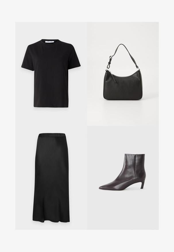 Schwarzes T-Shirt mit kurzen Ärmeln aus weicher Baumwolle, mit rundem Ausschnitt, lockerer Passform und glatter Textur. Keine sichtbaren Muster oder Grafiken.; Schwarzer, satinierter Midirock mit einem elastischen Bund. Glatte Textur und schlichtes Design, das am Saum leicht verjüngt ist für eine fließende Silhouette.; Schwarze Leder-Ankle-Boots mit spitzem Zehenbereich und niedrigem Kitten-Absatz, glatte Oberfläche, seitlicher Reißverschluss, vor einem neutralen Hintergrund präsentiert.; Schwarze Lederhandtasche mit geschwungener Form, einem einzigen Tragegurt, Reißverschlussverschluss und dezentem Branding auf der Vorderseite. Glatte Textur, minimalistisches Design.