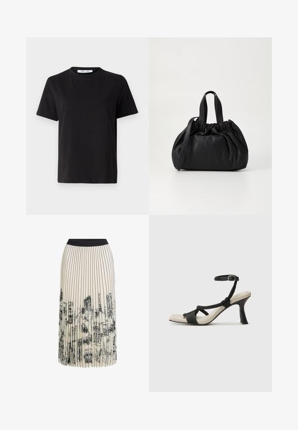 Černé tričko s krátkým rukávem vyrobené z měkké bavlny, s kulatým výstřihem, volným střihem a hladkým povrchem. Žádné viditelné vzory ani grafika.; Plisovaná sukně v krémové barvě s černým pasem, na kterém je podrobný tisk architektonických skic v černé barvě, zdůrazňující různé návrhy budov.; Černé sandály na podpatku s pleteným designem pásku, čtveratou špičkou a nastavitelným páskem kolem kotníku. Světle béžová stélka s lesklým černým podpatkem.; Černá kožená kabelka s designem staženého vršku, která má dvě krátké ucha a dlouhý nastavitelný popruh. Hladký povrch, zaoblený tvar.