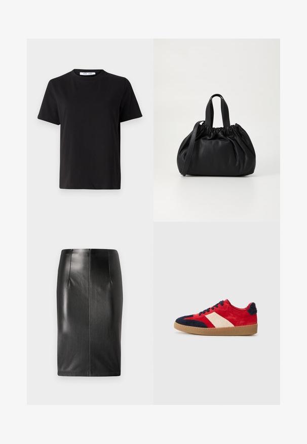 Črna majica s kratkimi rokavi iz mehkega bombaža, ki ima okroglo izrezovanje, udoben kroj in gladko teksturo. Brez vidnih vzorcev ali grafike.; Črna usnjena svinčnik krilo z ožjim krojem, gladko teksturo in osrednjim šivom. Čiste linije brez vidnih dodatkov ali okrasnih elementov.; Rdeče semiš superge z dizajnom iz belega in mornarskega krzna, okroglo konico, gumijastim podplatom in mornarskimi vezalkami. Zadaj vključuje mornarsko strukturiran dodatek.; Črna usnjena torbica z zloženim zgornjim dizajnom, opremljena z dvema kratkima ročkama in dolgo nastavljivo naramnico. Gladka tekstura, okrogla oblika.