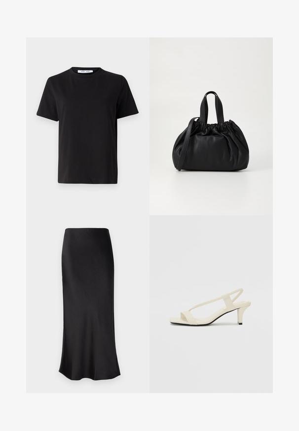 Musta lyhythihainen t-paita, joka on valmistettu pehmeästä puuvillasta. Paitassa on pyöreä kaula-aukko, rento malli ja sileä pinta. Ei näkyviä kuvioita tai graafisia elementtejä.; Mustapuku midi-hame, jossa on sileä ja kiiltävä pinta, sivuvetoketju ja yksinkertainen muotoilu. Istuu tiiviisti ja valuu pehmeästi helman kohdalla.; Beige sandaalit, joissa on loiva korko, ohuet hihnat ja neliönmallinen varvasosa. Sileä materiaali, jossa on minimaalista yksityiskohtaa, suunniteltu helppokäyttöiseksi.; Musta nahkabag, jossa on kerätty yläosa. Varustettu kahdella lyhyellä kantokahvalla ja pitkällä säädettävällä hihnalla. Sileä pinta, pyöreä muoto.