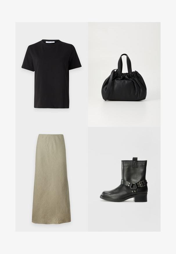 Svart kortermet t-skjorte laget av myk bomull, med rund hals, avslappet passform og en jevn tekstur. Ingen synlige mønstre eller grafikk.; Knelang, A-linjeet skjørt i myk, olivengrønn stoff med en subtil tekstur og ingen synlige lukkinger eller utsmykninger.; Samsøe Samsøe SABRENTA - Cowboystøvletter - black; Svart lærveske med en samlet toppdesign, som har to korte håndtak og en lang justerbar stropp. Glatt tekstur, rund form.