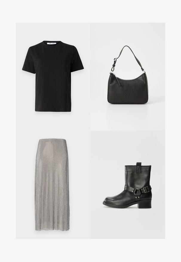T-shirt nero a maniche corte realizzato in morbido cotone, con scollatura rotonda, vestibilità rilassata e una superficie liscia. Nessun motivo o grafica visibile.; Gonna plissettata argento realizzata in rete metallica, con silhouette dritta e una texture liscia con una leggera lucentezza.; Samsøe Samsøe SABRENTA - Stivaletti texani / biker - black; Borsa a tracolla in pelle nera con forma curva, una tracolla singola, chiusura con zip e marchio discreto sul fronte. Texture liscia, design minimalista.