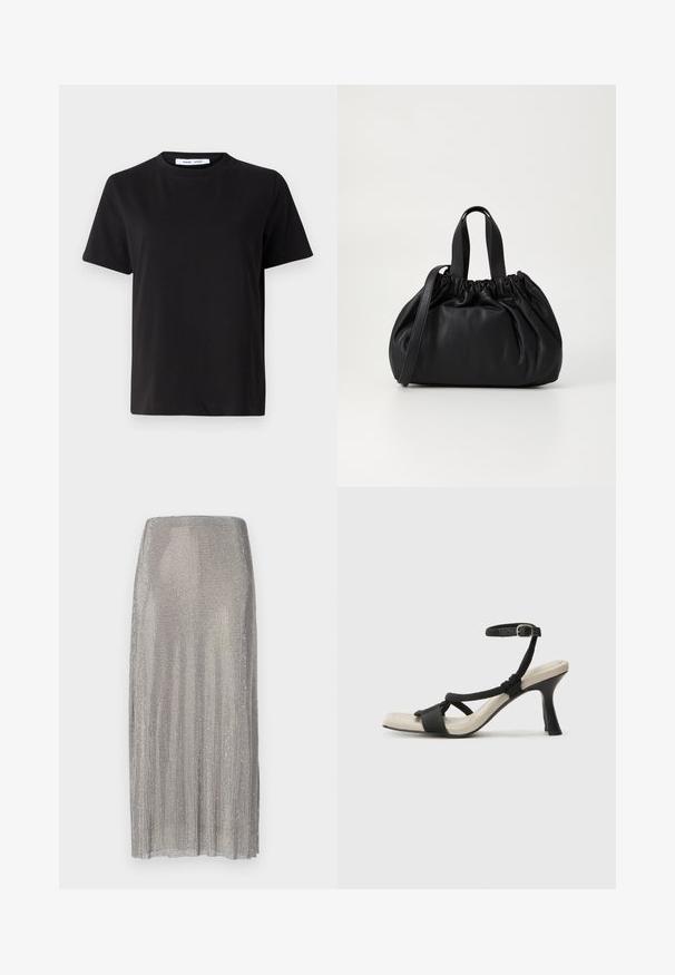 Čierne tričko s krátkym rukávom vyrobené z mäkkej bavlny, s okrúhlym výstrihom, uvoľneným strihom a hladkou štruktúrou. Žiadne viditeľné vzory ani grafika.; Strieborná plisovaná sukňa vyrobená z metalického sieťovania, s rovnou siluetou a hladkou textúrou s jemným leskom.; Čierne sandále na podpätku s pleteným pásikom, štvorcovou špičkou a nastaviteľným remienkom okolo členka. Svetlobéžová stielka s lesklým čiernym podpätkom.; Čierna kožená kabelka so zberaným vrchom, s dvoma krátkymi držadlami a dlhým nastaviteľným popruhom. Hladká textura, zaoblený tvar.