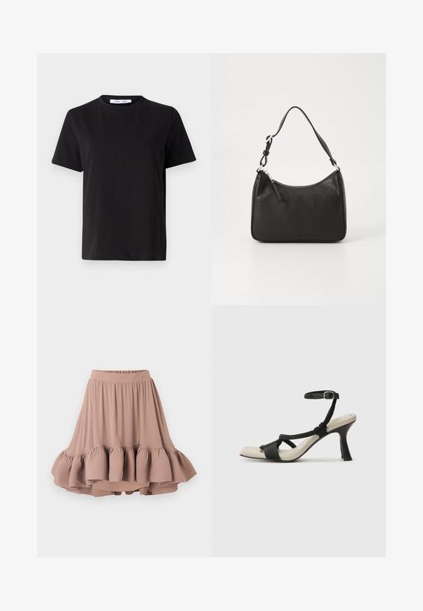 Črna majica s kratkimi rokavi iz mehkega bombaža, ki ima okroglo izrezovanje, udoben kroj in gladko teksturo. Brez vidnih vzorcev ali grafike.; Svijetlosmeđa suknja do koljena, izrađena od mekanog materijala, s širokim pojasom i lepršavim, slojevitim volanom na rubu. Glatka tekstura cijelom dužinom.; Črne sandale na visoki peti z prepletenim trakom, kvadratnim nosom in nastavljivim gležnjenjem. Svetlo bež podplat z sijajno črno peto.; Črna usnjena torba za roke s ukrivljenim oblikom, enim trakom, zadrgo in diskretnim blagovnim znamkom na sprednjem delu. Gladka tekstura, minimalističen dizajn.