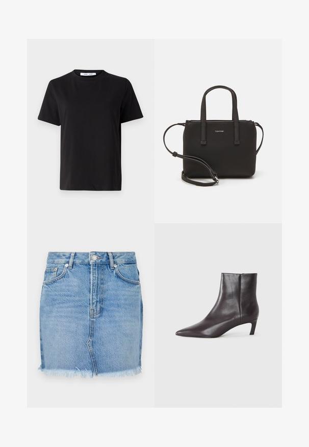Čierne tričko s krátkym rukávom vyrobené z mäkkej bavlny, s okrúhlym výstrihom, uvoľneným strihom a hladkou štruktúrou. Žiadne viditeľné vzory ani grafika.; Modrá džínsová sukňa s priliehavým strihom, surovým lemom a klasickými prednými vreckami. Hladká textúra s jemným vyblednutím pre ležérny vzhľad.; Čierne kožené členkové topánky s špicatou špičkou a nízkym podpätkom, hladký povrch, bočný zips, zobrazené na neutrálnom pozadí.; Čierna kabelka s dvojitými krátkymi rúčkami a odnímateľným ramenným popruhom. Hladký materiál podobný koži s uzatváraním na zips a detailom loga.