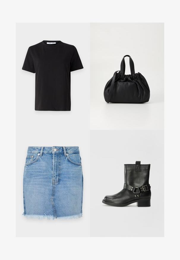 Must have lühikeste varrukatega t-särk, mis on valmistatud pehmest puuvillast, ümmarguse kaelusega, lõdva sobivusega ja sileda tekstuuriga. Ei ole nähtavaid mustreid ega graafikat.; Sinine denim seelik, mis omab vormitud lõiget, toorõmblit ja klassikalisi eespool asuvaid taskuid. Ühtlane tekstuur koos kerge pleekimisega, et luua lõdvem ja mugav välimus.; Samsøe Samsøe SABRENTA - Kauboi/mootorratturi poolsaapad - black; Mustmust mustkott mustrihmaga ülaosa disainiga, millel on kaks lühikest käepidet ja pikk reguleeritav rihm. Sile tekstuur, ümar kuju.