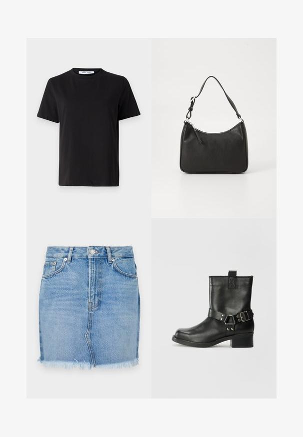 Black short-sleeve t-shirt made of soft cotton, featuring a round neckline, relaxed fit, and a smooth texture. No visible patterns or graphics.; Blue denim skirt featuring a fitted design, raw hemline, and classic front pockets. Smooth texture with slight fading for a casual look.; Samsøe Samsøe SABRENTA - Cowboy/biker ankle boot - black; Black leather handbag with a curved shape, a single strap, zip closure, and subtle branding on the front. Smooth texture, minimalist design.