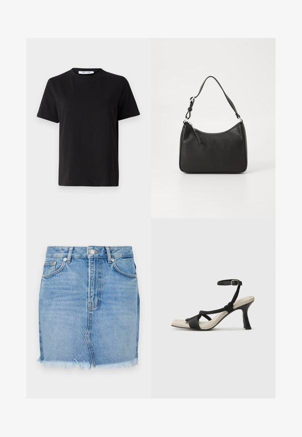Black short-sleeve t-shirt made of soft cotton, featuring a round neckline, relaxed fit, and a smooth texture. No visible patterns or graphics.; Blue denim skirt featuring a fitted design, raw hemline, and classic front pockets. Smooth texture with slight fading for a casual look.; Black heeled sandal with braided strap design, square toe, and adjustable ankle strap. Light beige footbed with a glossy black heel.; Black leather handbag with a curved shape, a single strap, zip closure, and subtle branding on the front. Smooth texture, minimalist design.