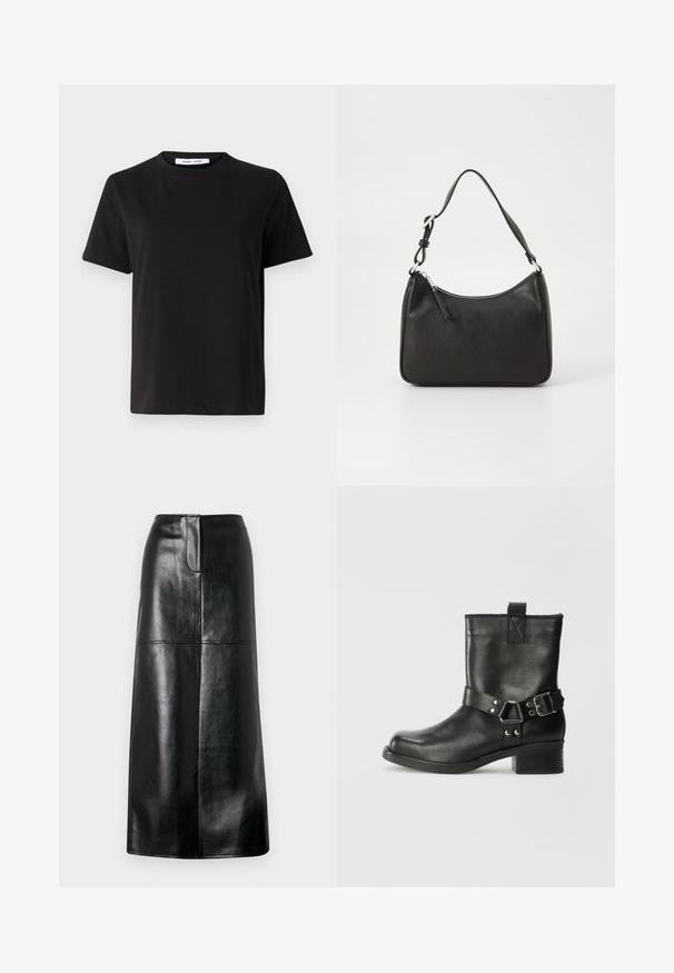 Tricou negru cu manșon scurt, fabricat din bumbac moale, având un guler rotund, o croială lejeră și o textură netedă. Fără modele sau grafice vizibile.; Fustă midi din piele neagră, cu o textură netedă, croială dreaptă și un luciu subtil. Dispune de un talie simplă și nu are elemente metalice vizibile.; Samsøe Samsøe SABRENTA - Botine cowboy/biker - black; Geantă de mână din piele neagră, cu o formă curbată, curea unică, închidere cu fermoar și un branding subtil pe față. Textură fină, design minimalist.
