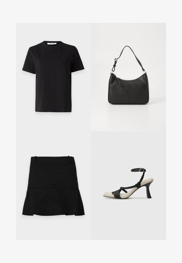 Musta lyhythihainen t-paita, joka on valmistettu pehmeästä puuvillasta. Paitassa on pyöreä kaula-aukko, rento malli ja sileä pinta. Ei näkyviä kuvioita tai graafisia elementtejä.; Musta lyhyt hame, jossa on kevyt lievennys helmassa ja vyölenkit vyötäröllä valkoista taustaa vasten.; Mustat korkokengät, joissa on punottuolkaiminen design, neliömäinen kärki ja säädettävä nilkkahihna. Vaaleanbeige jalkapohja ja kiiltävä musta korko.; Mustat nahkakäsilaukku, jossa on kaareva muoto, yksi hihna, vetoketjukiinnitys ja hienovarainen brändäys etuosassa. Sujuva pinta, minimalistinen muotoilu.