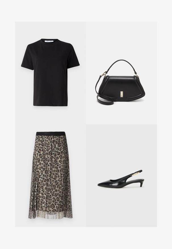 Zwart T-shirt met korte mouwen, gemaakt van zachte katoen, met een ronde hals, een ontspannen pasvorm en een gladde textuur. Geen zichtbare patronen of opdrukken.; Gelaagde midi-rok van lichtgewicht, doorschijnende stof met een luipaardprint in bruin- en beigetinten, met een zwarte tailleband.; Zwarte leren slingback hakken met een spitse neus, voorzien van een slanke hak en een goudkleurige accent op de verstelbare band. Gladde textuur.; Zwarte leren handtas met een gestructureerd ontwerp, featuring een verkorte vorm, bovenhandvat en gouden hardwareaccent. Inclusief verstelbare schouderband.