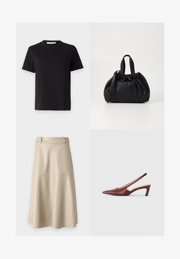 Svart kortermet t-skjorte laget av myk bomull, med rund hals, avslappet passform og en jevn tekstur. Ingen synlige mønstre eller grafikk.; Beige skinnederett midi med en glatt tekstur, bred midjebånd og flagrende kant; har sydd sømmer for ekstra detaljer.; Burgunder slingback hæle med spids tå, udskårne detaljer på siden og en midt-højde blokhæle. Glat læderfinish.; Svart lærveske med en samlet toppdesign, som har to korte håndtak og en lang justerbar stropp. Glatt tekstur, rund form.