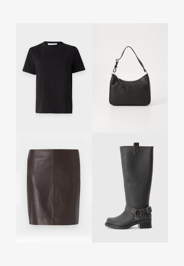 Black short-sleeve t-shirt made of soft cotton, featuring a round neckline, relaxed fit, and a smooth texture. No visible patterns or graphics.; Brown leather skirt with a straight cut, smooth texture, and minimal stitching. Features a mid-length design without embellishments.; Black leather knee-high boot with a textured finish, featuring a side buckle accent and a low heel. Detailed stitching along the seams.; Black leather handbag with a curved shape, a single strap, zip closure, and subtle branding on the front. Smooth texture, minimalist design.