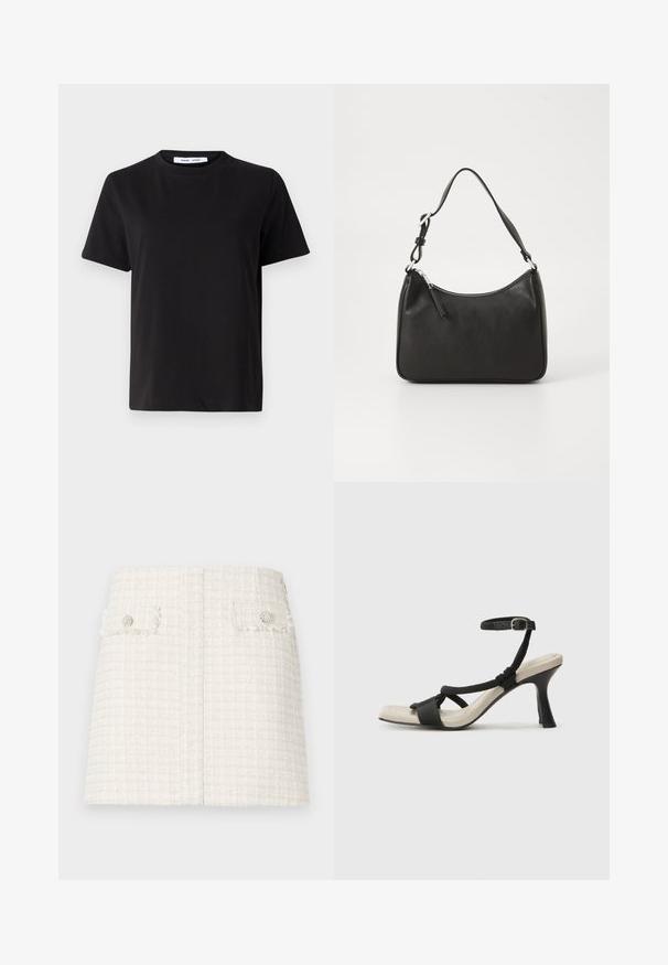 Črna majica s kratkimi rokavi iz mehkega bombaža, ki ima okroglo izrezovanje, udoben kroj in gladko teksturo. Brez vidnih vzorcev ali grafike.; Bela mini krilka iz tvida s teksturiranim, karirastim vzorcem. Ima dve sprednji žepni poklopca z okrasnimi gumbi. Naravnost zasnovan rob.; Črne sandale na visoki peti z prepletenim trakom, kvadratnim nosom in nastavljivim gležnjenjem. Svetlo bež podplat z sijajno črno peto.; Črna usnjena torba za roke s ukrivljenim oblikom, enim trakom, zadrgo in diskretnim blagovnim znamkom na sprednjem delu. Gladka tekstura, minimalističen dizajn.