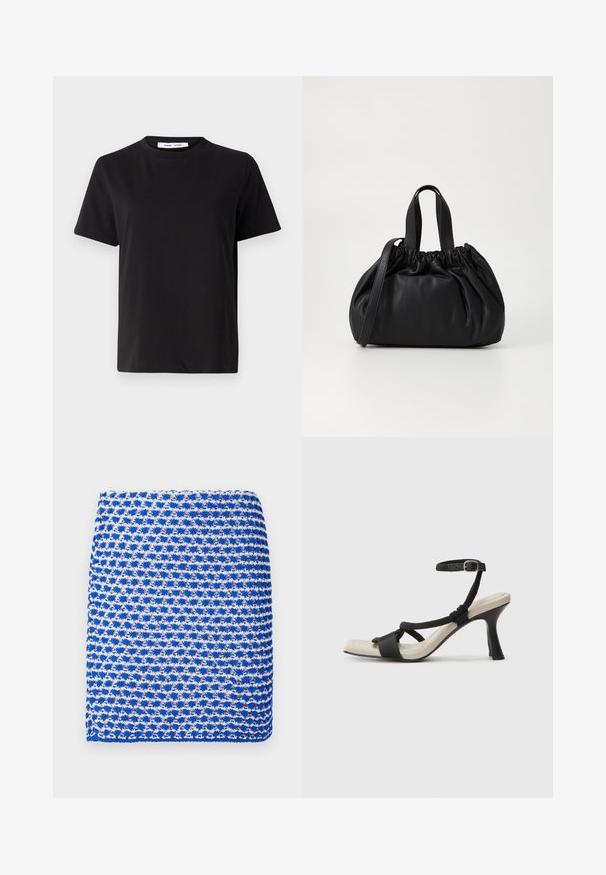 Melna īsām piedurknēm T-kreklu, kas izgatavots no mīksta kokvilnas, ar apļveida kakla izgriezumu, brīvu piegriezumu un gludu tekstūru. Nav redzamu rakstu vai grafikas.; Zila un balta rakstota adīta šalle ar tekstūras audumu un taisnstūra formu, kas izgatavota no viegla auduma.; Melnas augstpapēžu sānijas ar pinuma siksnu dizainu, kvadrātveida purngali un regulējamu potītes siksnu. Gaismas beidzamais kāju paklājiņš ar spīdīgu melnu papēdi.; Melnas ādas rokassomu ar savākta augšdaļa dizainu, kas aprīkota ar divām īsām rokturiem un garu regulējamu siksnu. Gluda tekstūra, noapaļota forma.