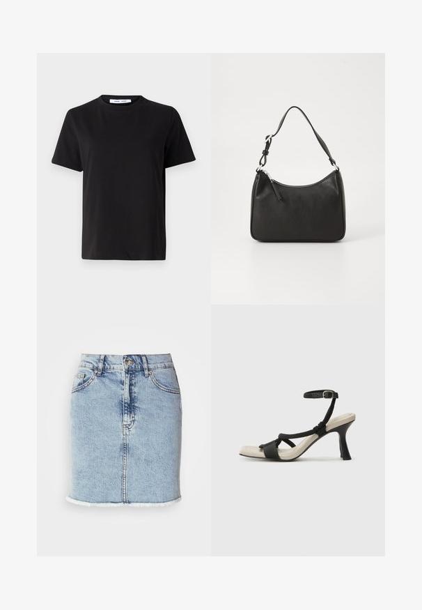 Svart kortermet t-skjorte laget av myk bomull, med rund hals, avslappet passform og en jevn tekstur. Ingen synlige mønstre eller grafikk.; Lyseblå denimskjørt med rett snitt, frynset kant, fem lommer og frontknapplukking. Jevn tekstur med falmede detaljer.; Sorte helårs sandaler med flettet stroppesdesign, firkantet tå og justerbar ankelrem. Lys beige fotseng med glanset svart hæl.; Svart lærveske med en buet form, en enkelt stropp, glidelåslukking og subtil merkevarebygging på forsiden. Glatt tekstur, minimalistisk design.