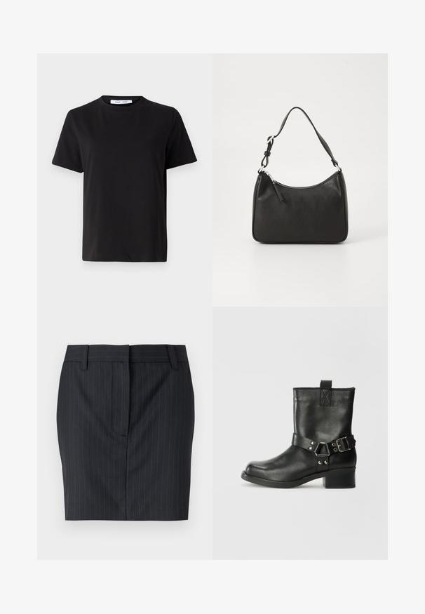 Camiseta negra de manga corta hecha de algodón suave, con un cuello redondo, corte relajado y una textura lisa. Sin patrones ni gráficos visibles.; Falda ajustada de rayas negras con pasadores para cinturón y cierre frontal oculto, exhibida sobre un fondo blanco.; Samsøe Samsøe SABRENTA - Botines camperos - black; Bolso de mano de cuero negro con forma curvada, una sola correa, cierre de cremallera y marcas sutiles en la parte frontal. Textura suave, diseño minimalista.