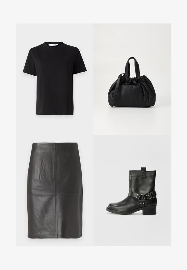 Zwart T-shirt met korte mouwen, gemaakt van zachte katoen, met een ronde hals, een ontspannen pasvorm en een gladde textuur. Geen zichtbare patronen of opdrukken.; Zwarte leren rok met een gladde textuur, voorzien van verticale naden en een rechte snit. Geen zichtbare hardware of accentdetails.; Samsøe Samsøe SABRENTA - Cowboy-/Bikerlaarsjes - black; Zwarte leren handtas met een geplooid ontwerp aan de bovenkant, voorzien van twee korte handvatten en een lange verstelbare schouderband. Gladde textuur, ronde vorm.