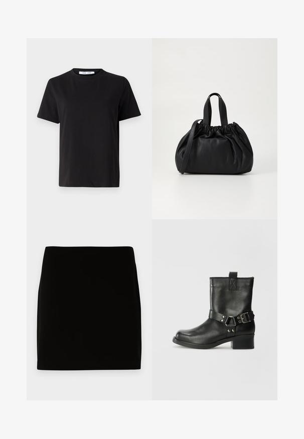 T-shirt nero a maniche corte realizzato in morbido cotone, con scollatura rotonda, vestibilità rilassata e una superficie liscia. Nessun motivo o grafica visibile.; Gonna mini nera realizzata in tessuto liscio, con un design semplice privo di cuciture o abbellimenti visibili. Linee pulite e vestibilità dritta.; Samsøe Samsøe SABRENTA - Stivaletti texani / biker - black; Borsa a tracolla in pelle nera con design a cima arricciata, dotata di due manici corti e di una lunga tracolla regolabile. Texture liscia, forma arrotondata.