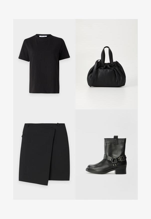Black short-sleeve t-shirt made of soft cotton, featuring a round neckline, relaxed fit, and a smooth texture. No visible patterns or graphics.; Black wrap skirt with a smooth texture, featuring a side zip closure and two belt loops. Simple design with no visible patterns or accents.; Samsøe Samsøe SABRENTA - Cowboy/biker ankle boot - black; Black leather handbag with a gathered top design, featuring two short handles and a long adjustable strap. Smooth texture, rounded shape.