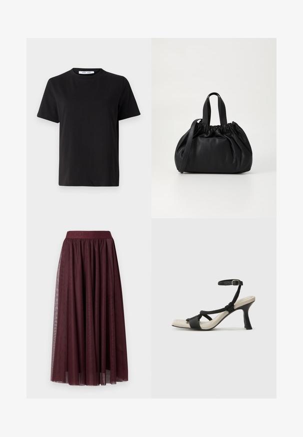 Black short-sleeve t-shirt made of soft cotton, featuring a round neckline, relaxed fit, and a smooth texture. No visible patterns or graphics.; Dark burgundy midi tulle skirt with a wide elastic waistband and long decorative side ribbons.; Black heeled sandal with braided strap design, square toe, and adjustable ankle strap. Light beige footbed with a glossy black heel.; Black leather handbag with a gathered top design, featuring two short handles and a long adjustable strap. Smooth texture, rounded shape.