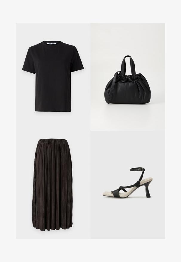 Schwarzes T-Shirt mit kurzen Ärmeln aus weicher Baumwolle, mit rundem Ausschnitt, lockerer Passform und glatter Textur. Keine sichtbaren Muster oder Grafiken.; Faltenrock aus schwarzem, leichtem Stoff mit elastischem Bund. Verfügt über vertikale Falten über die gesamte Oberfläche, ohne zusätzliche Akzente.; Schwarze Absatzsandale mit geflochtenem Riemendesign, quadratischer Spitze und verstellbarem Knöchelriemen. Helle beigefarbene Sohle mit glänzendem schwarzen Absatz.; Schwarze Lederhandtasche mit einem gerafften Oberteil, ausgestattet mit zwei kurzen Griffen und einem langen verstellbaren Schulterriemen. Glatte Textur, runde Form.