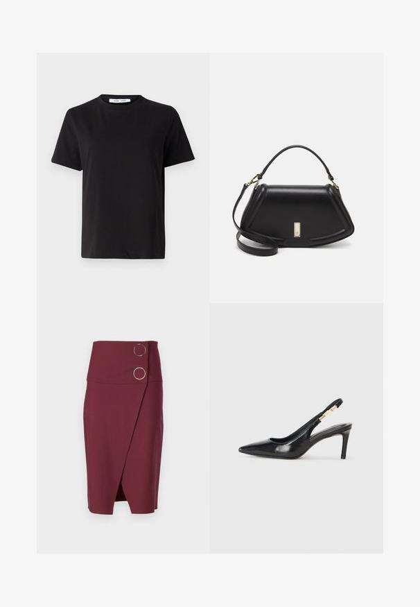 Juodas trumpas rankovės marškinėliai, pagaminti iš minkštos medvilnės, su apvaliu iškirpimu, laisvu pritaikymu ir lygiu paviršiumi. Nėra matomų raštų ar grafikos.; Bordo pieštukinė sijonas su aukštu liemeniu, pasižymintis sulankstytu dizainu ir dviem apvaliais metaliniais mygtukais priekyje. Lygus tekstūra.; Juodos odinės slingback aukštakulniai batai su smailiu pirštu, lygiu paviršiumi ir siaura kulkšnies juosta su auksiniais akcentais.; Juoda odinė rankinė su struktūrizuotu dizainu, turi trumpą formą, viršutinę rankeną ir auksinius akcentus. Pridėtas reguliuojamas peties diržas.