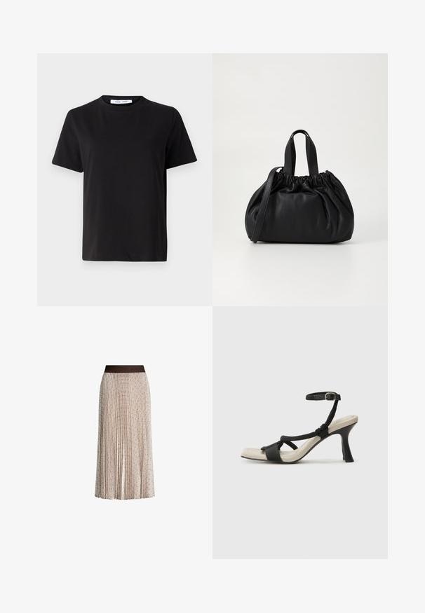 Sort t-shirt med korte ærmer fremstillet af blødt bomuld, med rund halsudskæring, afslappet pasform og en glat overflade. Ingen synlige mønstre eller grafik.; Plisseret beige midi-nederdel med subtil geometrisk mønster og mørk talje, der har det præget "JOOP!" logo.; Sorte hælede sandal med flettet remdesign, firkantet tå og justerbar ankelrem. Lys beige fodseng med en blank sort hæl.; Sort læderhåndtaske med en samlet topdesign, der har to korte håndtag og en lang justerbar rem. Glat overflade, rund form.