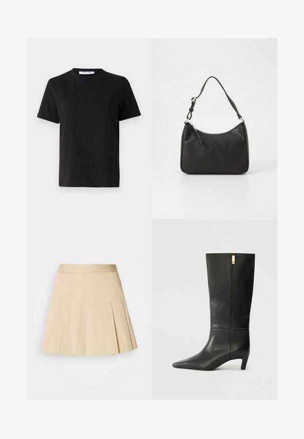 T-shirt preto de manga curta feito de algodão suave, com decote redondo, ajuste descontraído e uma textura suave. Sem padrões ou gráficos visíveis.; Saia plissada em algodão bege claro, com uma cintura e quatro costuras verticais na frente. A bainha é ligeiramente evasé para permitir movimento.; Bota de couro preto até ao joelho com bico fino e um pequeno tacão. Apresenta um design elegante com um detalhe em dourado. Textura suave.; Mala de mão em couro preto com formato curvo, uma alça, fecho em zip e uma marcação discreta na frente. Textura suave, design minimalista.