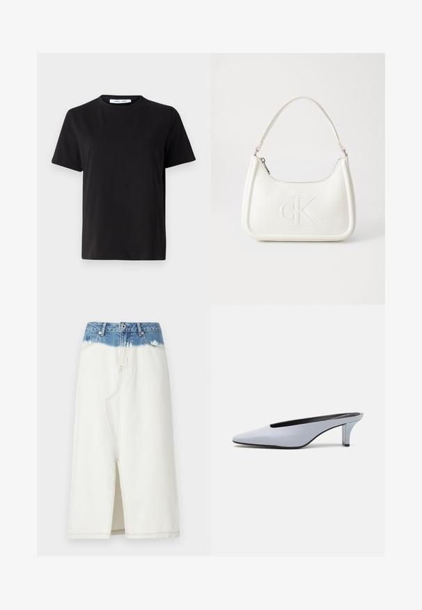 Svart kortermet t-skjorte laget av myk bomull, med rund hals, avslappet passform og en jevn tekstur. Ingen synlige mønstre eller grafikk.; Denimskjørt med en hvit bomullskropp og blå denim liv. Har en frontsplitt, kontraststing og en gradientfargeeffekt.; Lys blå patentlær mule med spiss tå, lav gjennomsiktig hæl og en elegant design med utskjæring på vampen.; Hvit lærveske med en buet fasong, med et preget "CK"-logo på forsiden og en enkel skulderstropp. Glidelåslukking på toppen.