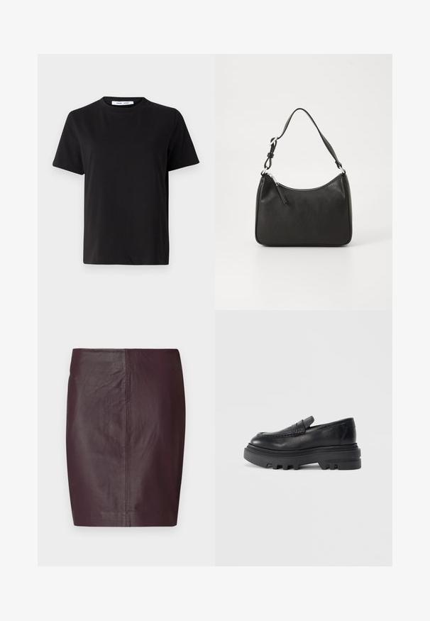 Čierne tričko s krátkym rukávom vyrobené z mäkkej bavlny, s okrúhlym výstrihom, uvoľneným strihom a hladkou štruktúrou. Žiadne viditeľné vzory ani grafika.; Tmavočervená kožená sukňa s hladkou textúrou, priliehavým strihom a rovnou siluetou. Má minimálne švy a žiadne viditeľné kovanie.; Čierne kožené mokasíny s robustnou čiernou podrážkou a textúrovaným pásom. Hladký povrch a okrúhly tvar zvyšujú jeho moderný dizajn.; Čierna kožená kabelka s oblým tvarom, jediným popruhom, zipsom a nenápadným logom na prednej strane. Hladká textúra, minimalistický dizajn.