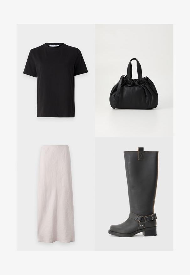 T-shirt noir à manches courtes en coton doux, avec un col rond, une coupe décontractée et une texture lisse. Pas de motifs ni de graphiques visibles.; Jupe maxi en lin rose pâle au design épuré et droit. Le tissu présente une surface légèrement texturée et une taille élastique.; Bottes noires en cuir, montantes jusqu'au genou, avec une finition texturée, présentant une boucle sur le côté et un talon bas. Couture détaillée le long des coutures.; Sac à main en cuir noir avec un design à haut froncé, doté de deux poignées courtes et d'une bandoulière longue et réglable. Texture lisse, forme arrondie.