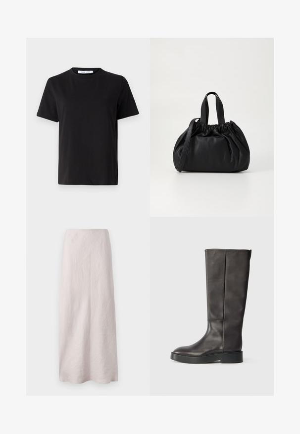 T-shirt noir à manches courtes en coton doux, avec un col rond, une coupe décontractée et une texture lisse. Pas de motifs ni de graphiques visibles.; Jupe maxi en lin rose pâle au design épuré et droit. Le tissu présente une surface légèrement texturée et une taille élastique.; Botte en cuir noire jusqu'au genou avec une semelle épaisse et un logo Calvin Klein discret près du bord supérieur, vue de côté.; Sac à main en cuir noir avec un design à haut froncé, doté de deux poignées courtes et d'une bandoulière longue et réglable. Texture lisse, forme arrondie.