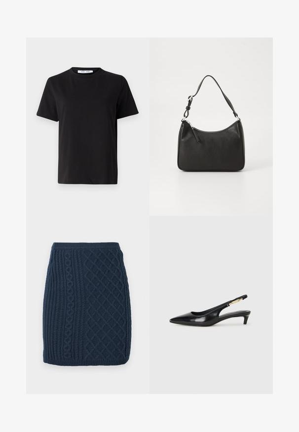 Juodas trumpas rankovės marškinėliai, pagaminti iš minkštos medvilnės, su apvaliu iškirpimu, laisvu pritaikymu ir lygiu paviršiumi. Nėra matomų raštų ar grafikos.; Tamsiai mėlynas megztas mini sijonas su briaunotais ir kabeliniais raštais, pasižymintis tekstūriniu paviršiumi ir prigludusia talija.; Juodas odinis pavasario batelių modelis su smailiu nosiu, turintis siaurą kulniuką ir auksinės spalvos akcentu reguliuojamoje juostoje. Lygi tekstūra.; Juoda odinė rankinė su išlenkta forma, viena dirželiu, užtrauktuko uždarymu ir subtiliu ženklinimu priekyje. Lygus paviršius, minimalistinis dizainas.