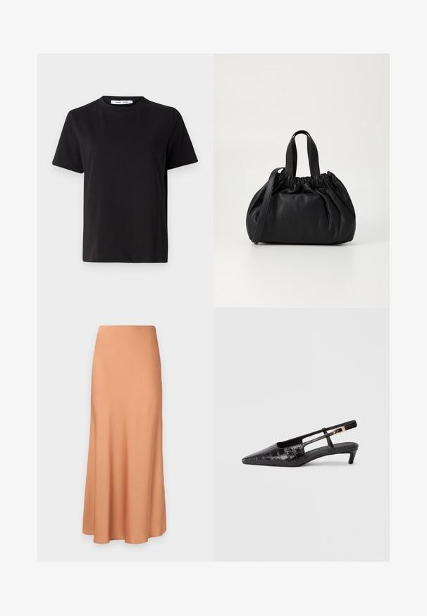 Musta lyhythihainen t-paita, joka on valmistettu pehmeästä puuvillasta. Paitassa on pyöreä kaula-aukko, rento malli ja sileä pinta. Ei näkyviä kuvioita tai graafisia elementtejä.; Pitkä, levenevä hame pehmeästä persikankuosista. Ominaisuuksiin kuuluu sileä vyötärö ja se laskeutuu lempeästi kaventuvaan helmaan. Ei näkyviä kuvioita tai koristeluja.; Musta nahkainen kärjellään terävä slingback-kengä, jossa on krokotiilinnahkatekstuuri, pieni pinottu korko ja säädettävä hihna metallisoljella.; Musta nahkabag, jossa on kerätty yläosa. Varustettu kahdella lyhyellä kantokahvalla ja pitkällä säädettävällä hihnalla. Sileä pinta, pyöreä muoto.