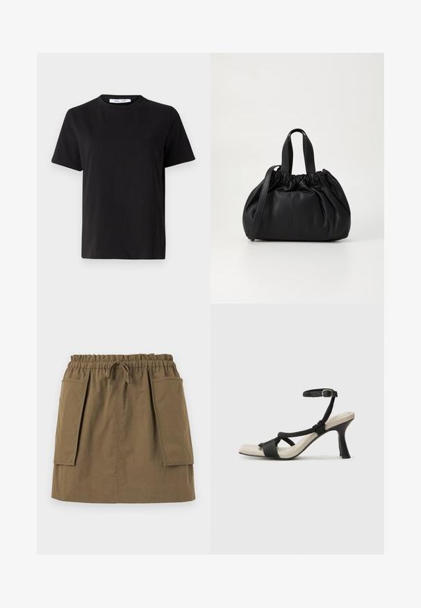Fekete, rövid ujjú póló, puha pamutból készült, kerek nyakkivágással, laza szabással és sima textúrával. Nincs látható minta vagy grafikák.; Oliva zöld, térd fölé érő szoknya rugalmas derékkal, zsinórral és két nagy oldalsó zsebbel. Könnyű anyagból készült, látható varrásokkal.; Fekete sarkú szandál fonott pánttal, négyzet alakú orral és állítható bokapánttal. Világos bézs talpbetét fényes fekete sarkával.; Fekete bőr kézitáska, összegyűrt felső dizájnnal, két rövid fülekkel és egy hosszú, állítható pánttal. Simább textúra, lekerekített forma.