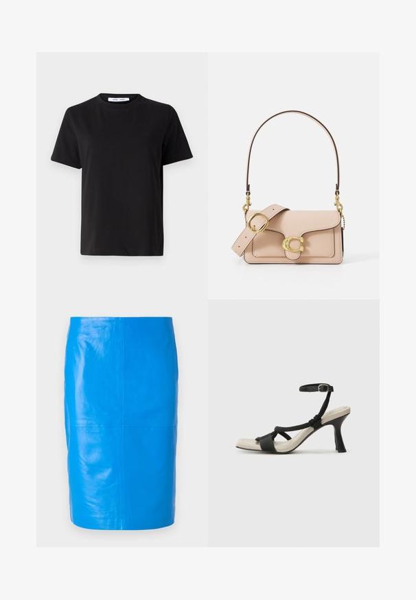 Crna kratka majica s kratkim rukavima od mekanog pamuka, s okruglim izrezom, opuštenim krojem i glatkom teksturom. Nema vidljivih uzoraka ili grafike.; 2nd Day JAYAN - Kožnata suknja - skydiver; Crne sandale na visokom potpetici s dizajnom pletenih trakica, kvadratnim vrhom i podešivom trakicom oko gležnja. Svijetlosmeđi ulošci s sjajnim crnim potpeticama.; Svijetloružičasta kožna torba s zakrivljenim preklopom, zlatni dodaci i odvojiva traka s akcentom od lanca. Glatka površina i precizno šivanje.