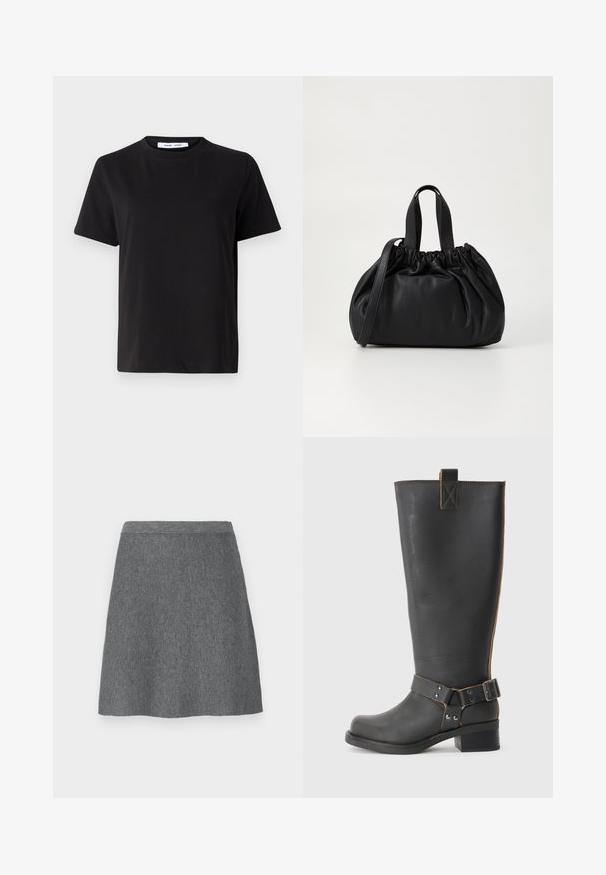 T-shirt nero a maniche corte realizzato in morbido cotone, con scollatura rotonda, vestibilità rilassata e una superficie liscia. Nessun motivo o grafica visibile.; Gonna in lana grigia con vita aderente, silhouette a trapezio e texture liscia. Senza tasche o dettagli hardware visibili.; Stivale nero in pelle alta fino al ginocchio con finitura texturizzata, caratterizzato da un'accento a fibbia laterale e un tacco basso. Cuciture dettagliate lungo le cuciture.; Borsa a tracolla in pelle nera con design a cima arricciata, dotata di due manici corti e di una lunga tracolla regolabile. Texture liscia, forma arrotondata.