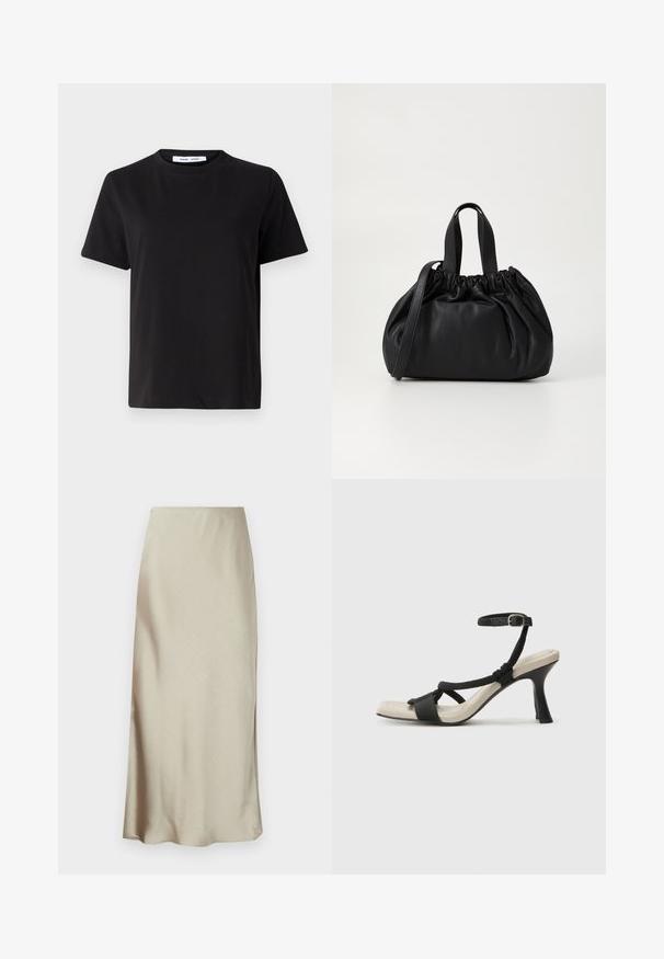 Černé tričko s krátkým rukávem vyrobené z měkké bavlny, s kulatým výstřihem, volným střihem a hladkým povrchem. Žádné viditelné vzory ani grafika.; Dlouhá, světle béžová sukně vyrobená z hladké látky má jemný lesk a rozšířený lem, což vytváří elegantní, minimalistický design.; Černé sandály na podpatku s pleteným designem pásku, čtveratou špičkou a nastavitelným páskem kolem kotníku. Světle béžová stélka s lesklým černým podpatkem.; Černá kožená kabelka s designem staženého vršku, která má dvě krátké ucha a dlouhý nastavitelný popruh. Hladký povrch, zaoblený tvar.