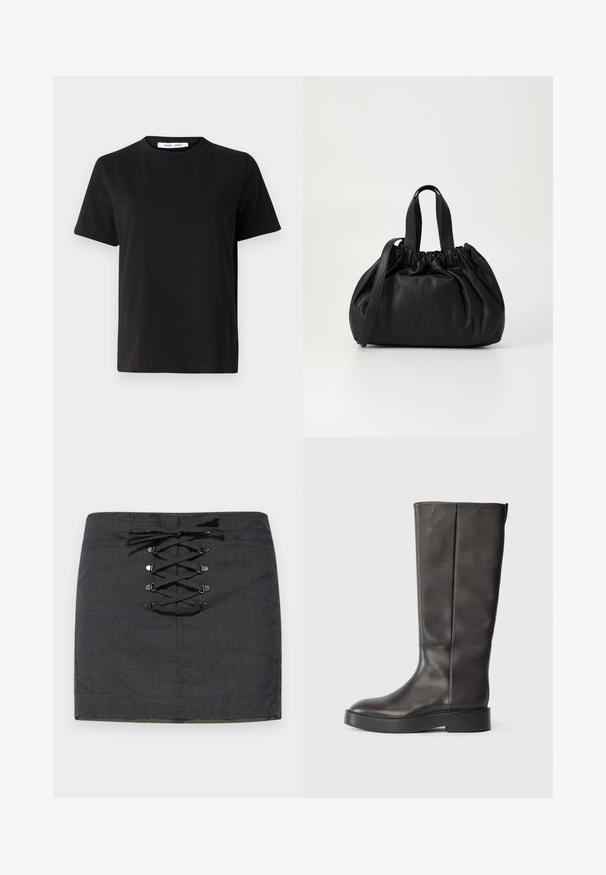 T-shirt preto de manga curta feito de algodão suave, com decote redondo, ajuste descontraído e uma textura suave. Sem padrões ou gráficos visíveis.; Mini saia cinza escura com detalhe de amarração frontal em metal. Textura suave, forma ajustada e cintura em altura média.; Bota de couro preta até o joelho com sola grossa e logo discreto da Calvin Klein próximo à borda superior, vista de lado.; Bolsa de couro preta com um design de topo franzido, apresentando duas alças curtas e uma alça longa ajustável. Textura suave, formato arredondado.