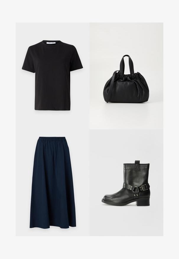 Zwart T-shirt met korte mouwen, gemaakt van zachte katoen, met een ronde hals, een ontspannen pasvorm en een gladde textuur. Geen zichtbare patronen of opdrukken.; Marineblauwe, lange rok gemaakt van textuurstof met een elastische tailleband en subtiele verticale strepen.; Samsøe Samsøe SABRENTA - Cowboy-/Bikerlaarsjes - black; Zwarte leren handtas met een geplooid ontwerp aan de bovenkant, voorzien van twee korte handvatten en een lange verstelbare schouderband. Gladde textuur, ronde vorm.