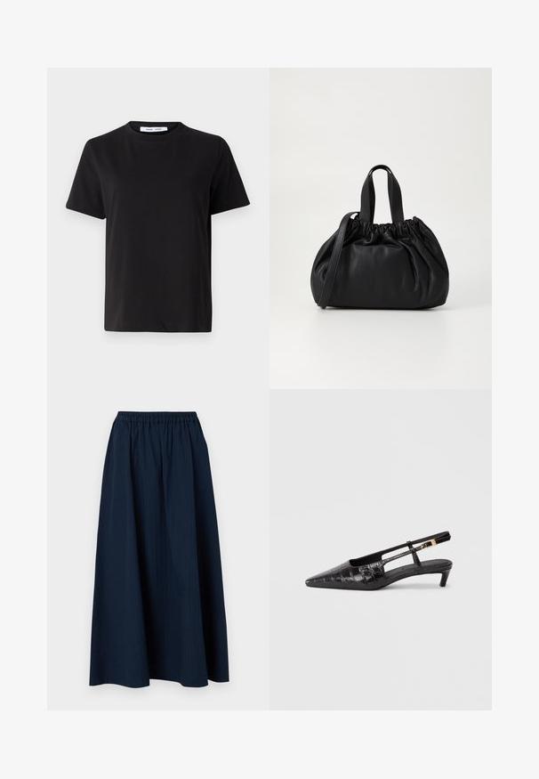 Black short-sleeve t-shirt made of soft cotton, featuring a round neckline, relaxed fit, and a smooth texture. No visible patterns or graphics.; Navy blue, full-length skirt made from textured fabric with an elastic waistband and subtle vertical stripes.; Black leather pointy-toed slingback shoe with a crocodile texture, small stacked heel, and adjustable strap with metallic buckle detail.; Black leather handbag with a gathered top design, featuring two short handles and a long adjustable strap. Smooth texture, rounded shape.