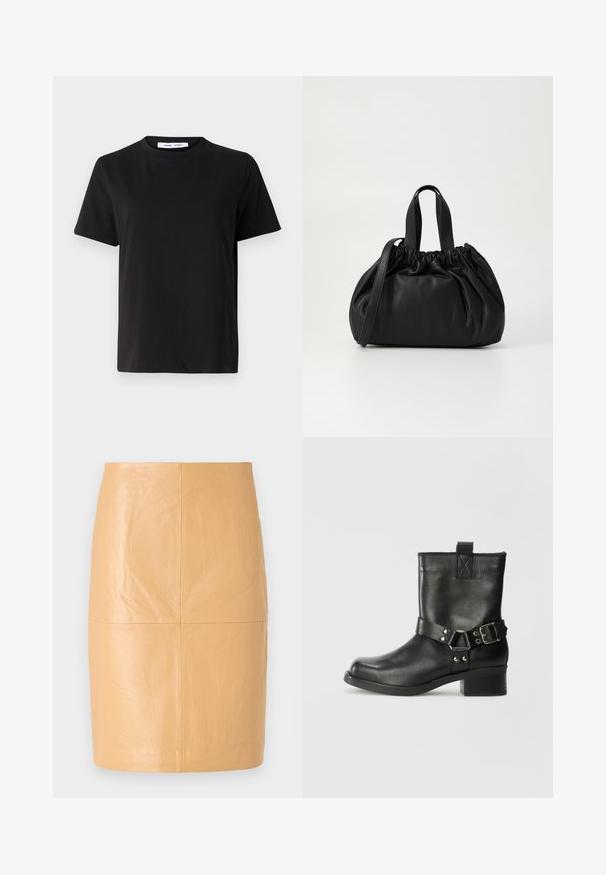 Črna majica s kratkimi rokavi iz mehkega bombaža, ki ima okroglo izrezovanje, udoben kroj in gladko teksturo. Brez vidnih vzorcev ali grafike.; 2nd Day JAYAN - Usnjeno krilo - camel; Samsøe Samsøe SABRENTA - Gležnjar v kavbojskem in motorističnem slogu - black; Črna usnjena torbica z zloženim zgornjim dizajnom, opremljena z dvema kratkima ročkama in dolgo nastavljivo naramnico. Gladka tekstura, okrogla oblika.