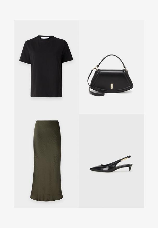 Zwart T-shirt met korte mouwen, gemaakt van zachte katoen, met een ronde hals, een ontspannen pasvorm en een gladde textuur. Geen zichtbare patronen of opdrukken.; Olivengroene, mid-length rok van gladde, lichte stof met een iets gekreukt textuur en een rechte silhoutte.; Zwarte leren slingback hakken met een spitse neus, voorzien van een slanke hak en een goudkleurige accent op de verstelbare band. Gladde textuur.; Zwarte leren handtas met een gestructureerd ontwerp, featuring een verkorte vorm, bovenhandvat en gouden hardwareaccent. Inclusief verstelbare schouderband.
