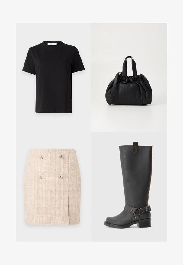 T-shirt preto de manga curta feito de algodão suave, com decote redondo, ajuste descontraído e uma textura suave. Sem padrões ou gráficos visíveis.; Saia texturizada bege com um padrão tecido, featuring dois botões prateados proeminentes na frente e uma barra ligeiramente assimétrica.; Bota preta de couro até ao joelho com um acabamento texturizado, apresentando um detalhe de fivela lateral e um salto baixo. Costura detalhada ao longo das costuras.; Bolsa de couro preta com um design de topo franzido, apresentando duas alças curtas e uma alça longa ajustável. Textura suave, formato arredondado.